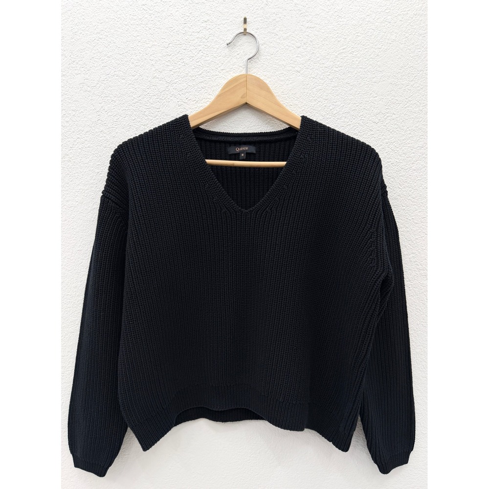 Quince Fisherman V-Neck Sweater Black Ribbed Knit Cotton Relaxed Fit Womens sml